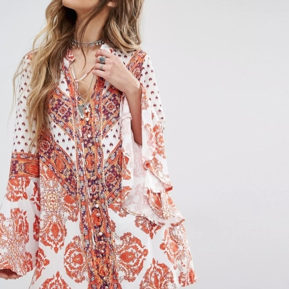 ✨️FREE PEOPLE✨️Flowy Magic Mystery Tunic Mini Dress Size Medium in Orange - Picture 3 of 13